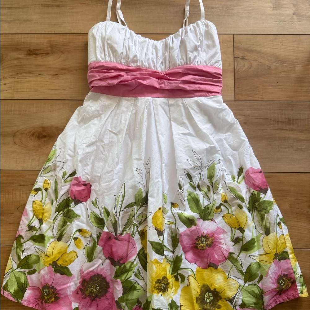 A. Byer White Sundress with Pink Waistband and Pink & Yellow Floral Hem
